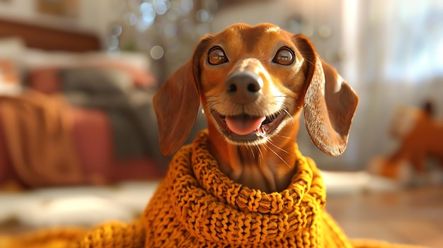 A closeup portrait of a happy dachshund dog wearing a yellow sweater The dog is looking at the camera with a happy expression on its face