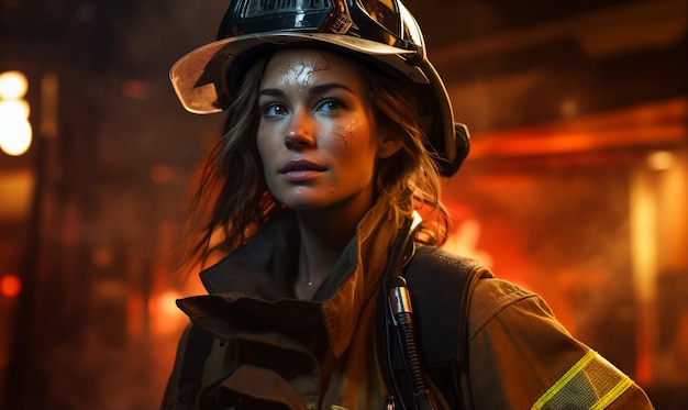 Closeup portrait of happy female firefighter at fire station