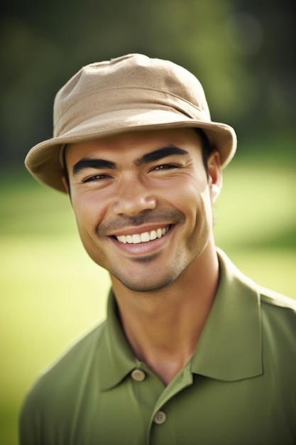 closeup portrait of a happy golf player on a green course created with generative ai