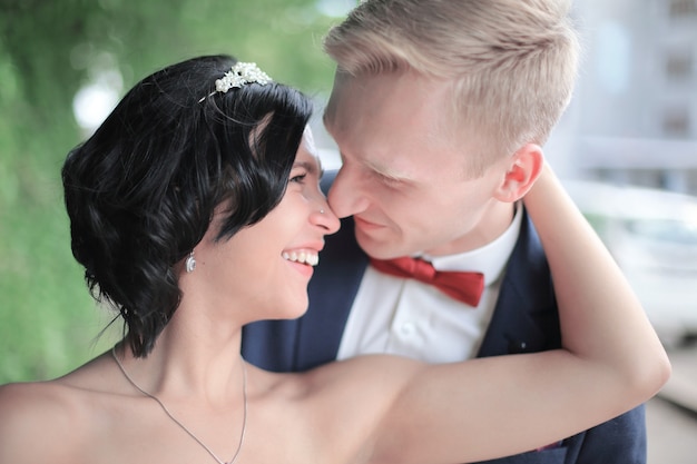 Closeup. portrait of happy groom and beautiful bride.