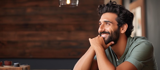 Closeup portrait of a happy Indian man with a beard daydreaming at home looking aside