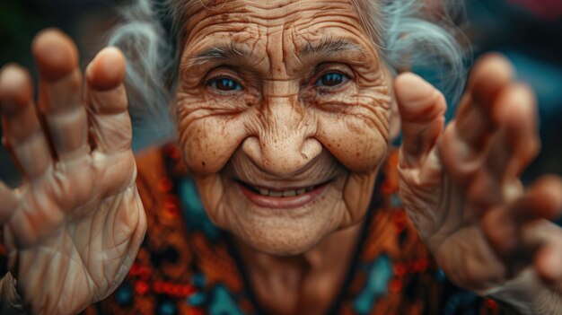 Closeup portrait of happy old woman gesturing by hands