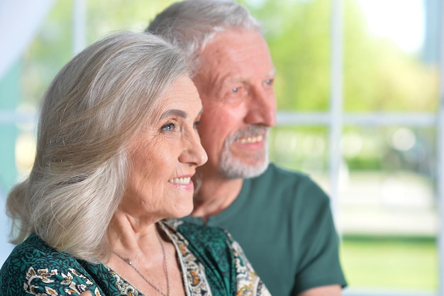 Closeup portrait of a happy senior couple at home