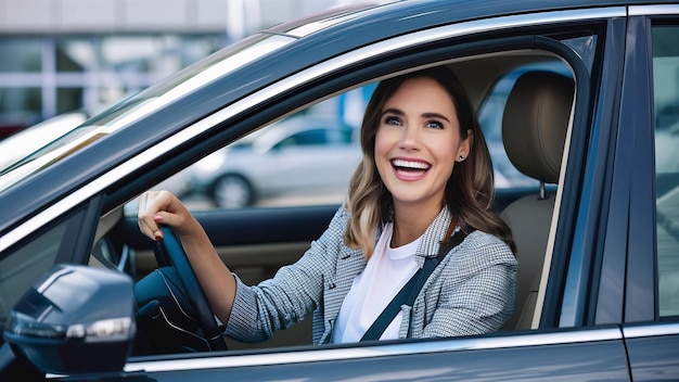 Closeup portrait happy smiling young attractive woman buyer sitting in her new car excited ready fo