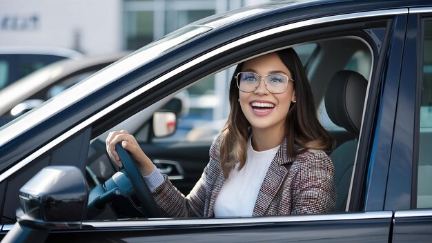 Closeup portrait happy smiling young attractive woman buyer sitting in her new car excited ready fo