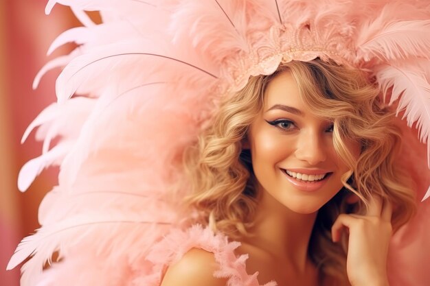 Foto ritratto in primo piano di una donna felice in un vestito con piume su uno sfondo rosa solido