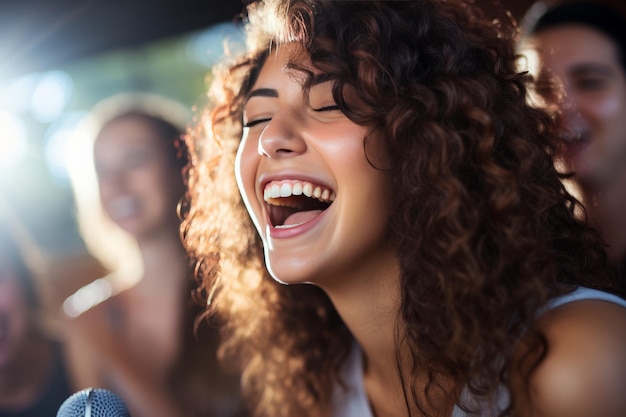 Closeup portrait of happy young attractive caucasian woman laughing with eyes closed