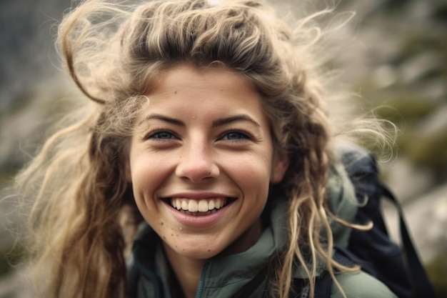 Premium AI Image | Closeup portrait of a happy young woman hiking ...