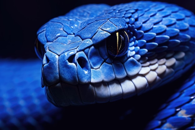 Photo closeup portrait of the head of a blue rat snake blue viper snake closeup face ai generated