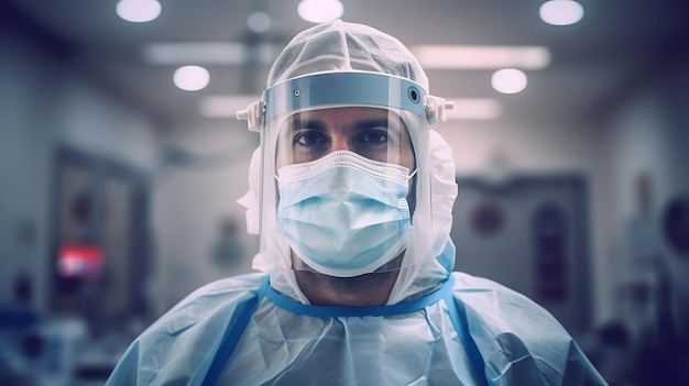 生成 AI テクノロジーを使用した防護服を着た医療従事者のクローズ アップの肖像画