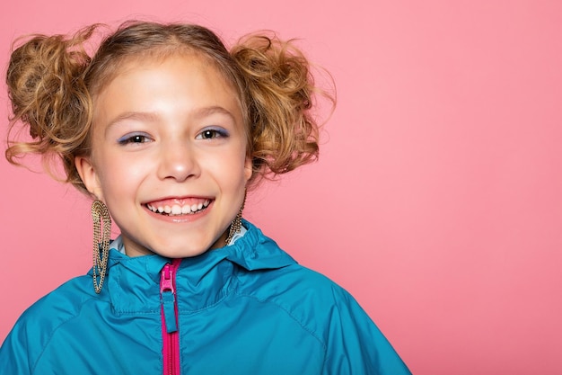 Closeup portrait of her she nicelooking attractive lovely sweet curious cheerful cheery smart clever girl creating new idea solution fantasize copy space isolated pink pastel color background