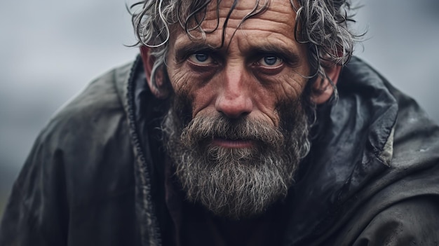 Photo closeup portrait of a homeless man on a city street a tramp aged man with a beard inequality in society generative ai