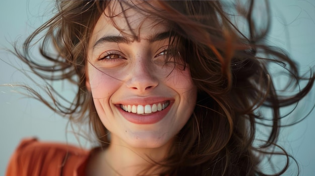 CloseUp Portrait of a Joyful Young Woman with Tousled Hair