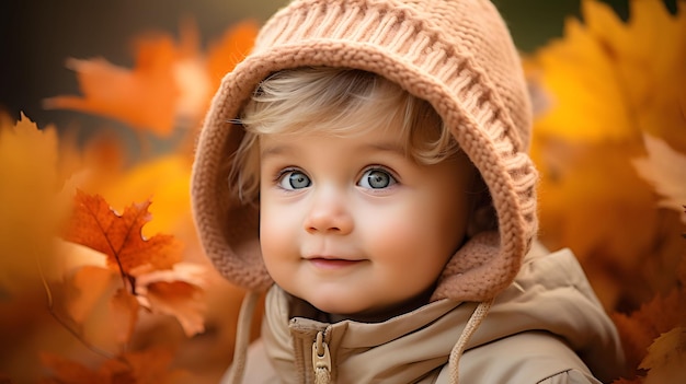 closeup portrait of a kid with soft lighting and an autumn backdrop Generative Ai