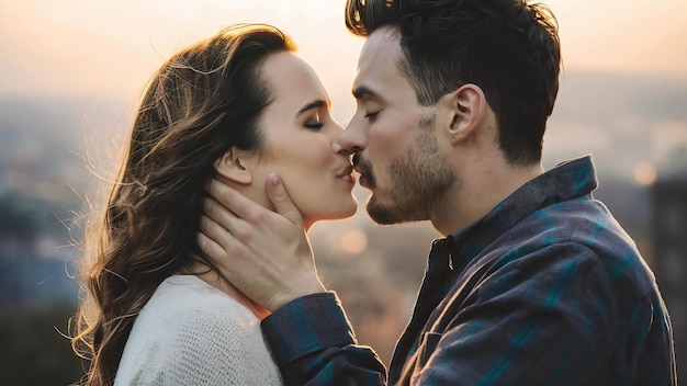 Closeup portrait of kissing couple spending morning together