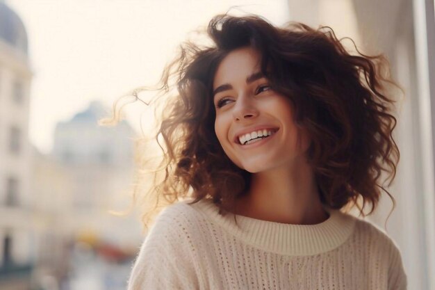 Foto ritratto in primo piano di una ragazza brunetta che ride con un maglione beige che beve caffè sullo sfondo della città lov