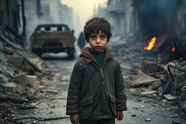 Closeup portrait of a little white boy in dirty clothes stands in the middle of a bombedout street and looking at camera