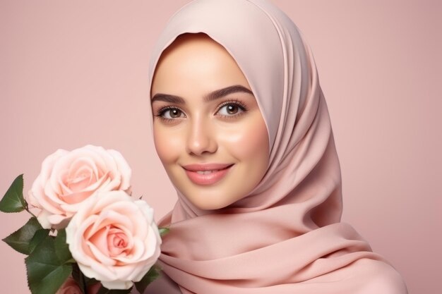 Closeup portrait of a lovely muslim woman in hijab with a bouquet of roses