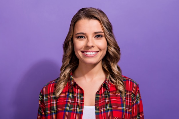 Photo closeup portrait of lovely pretty cute girl toothy smile