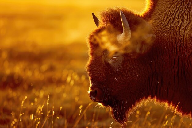 A closeup portrait of a majestic bison in the golden steppe