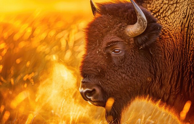 A closeup portrait of a majestic bison in the golden steppe