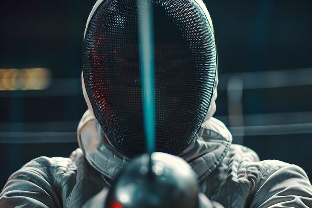 Closeup portrait of a male fencer in the mask