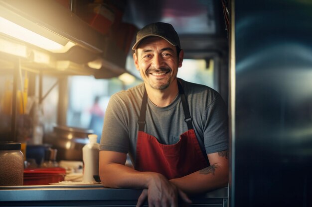 Closeup portrait of a male seller in a food truck at the evening