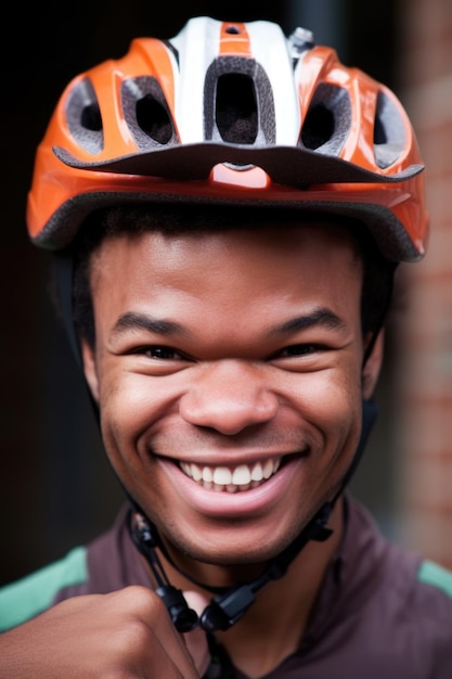 Крупный портрет человека, поднявшего велосипедный шлем и улыбающегося ярко, созданный с помощью генеративного искусственного интеллекта