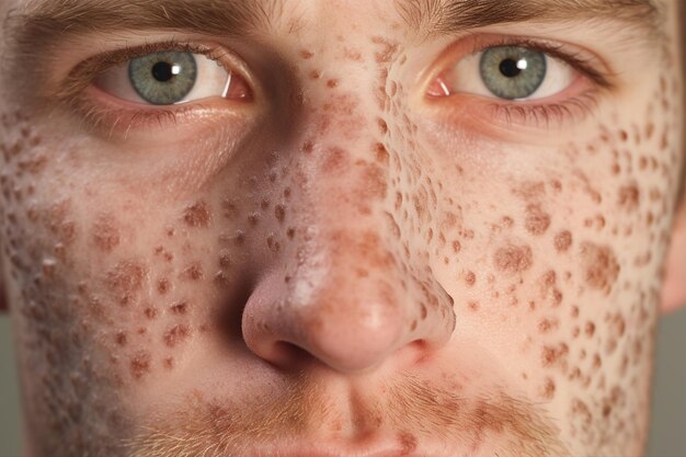 Foto ritratto da vicino di un uomo con problemi dermatologici sul viso