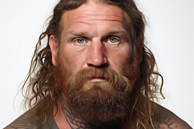 Портрет мужчины с длинной бородой и усами с татуировками на руках