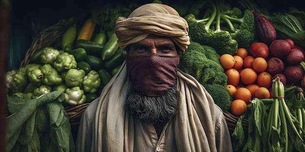 Unsplash コンテストで受賞した Steve McCurry の写真に触発された、野菜かごの前にターバンを巻いた男性のポートレート、クローズ アップ