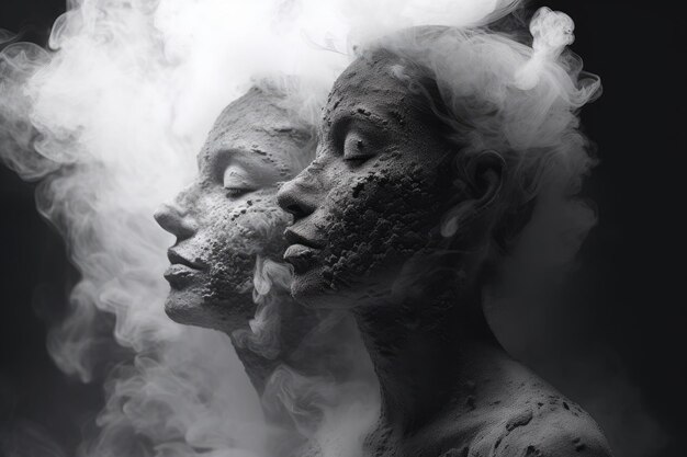 Photo closeup portrait of a man and woman with smoke on their faces generated ai