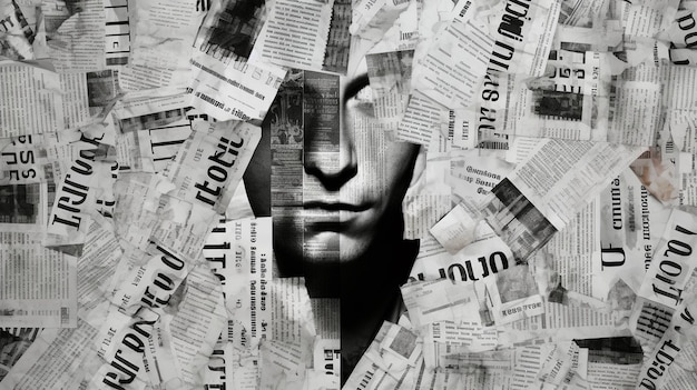 Photo closeup portrait of a mans face surrounded by newspapers