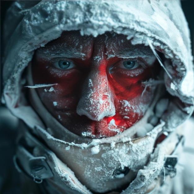Крупный план портрета зрелого мужчины в зимней одежде с морозом на румяном замерзшем лице, бесстрашный