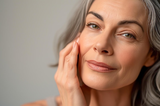 Photo closeup portrait of mature woman with gray hair