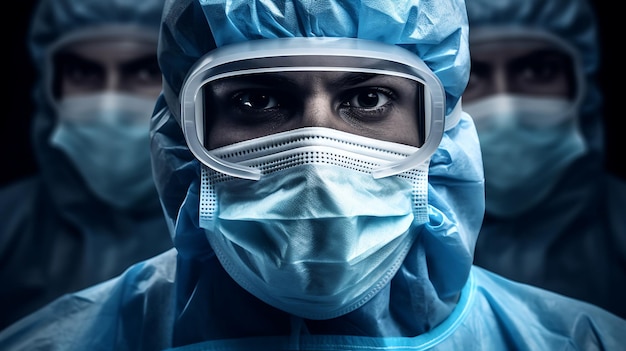 Closeup portrait of a medical worker in protective suit against her colleaguesSreated with Generative AI technology