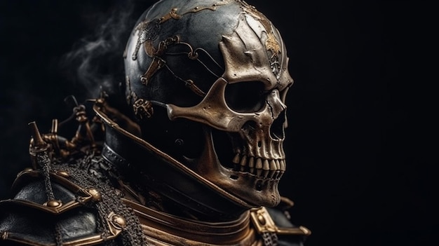 Closeup portrait of medieval knight in armor with skull on dark backgroundgenerative ai