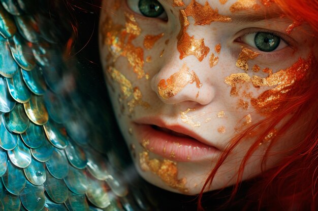 Photo closeup portrait of a mermaid beautiful young redhaired girl portrait amphibian man