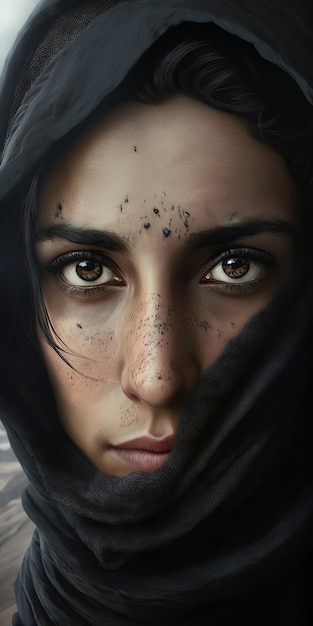 A closeup portrait of a Middle Eastern woman wearing a black niqab hijab with bokeh mountains in the background AIGenerated