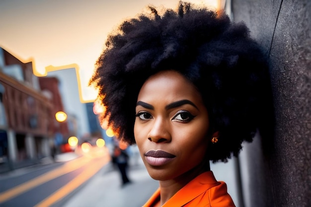 Closeup portrait of a model on a city street in the evening