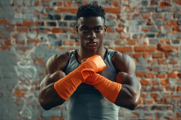 Photo closeup portrait of a muscular african american athlete with his arms wrapped in orange textile