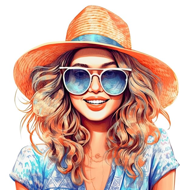 Photo closeup portrait of nice cool bright vivid attractive sweet lovely positive lady with big sunglasses and hat summer vacation concept illustration