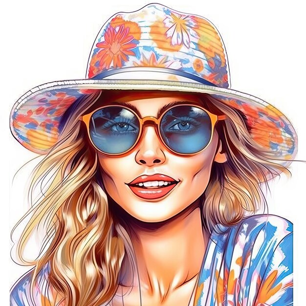 Photo closeup portrait of nice cool bright vivid attractive sweet lovely positive lady with big sunglasses and hat summer vacation concept illustration