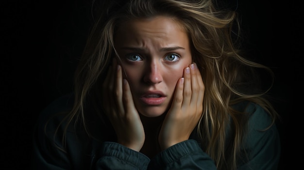 Фото closeup portrait of a depressing woman shock distress sad cry emotional touching face generated ai