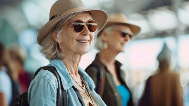 写真 空港の高齢の白人女性旅行者のクローズアップ肖像画 魅力的な年配の女性が着ている