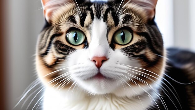 사진 타비 고양이의 클로즈업 초상화 가축의 수염 녹색 눈의 반려동물