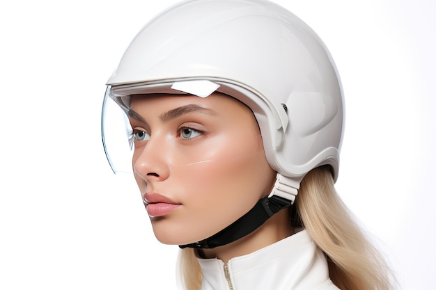Фото Крупный портрет молодой женщины в белом мотоциклетном шлеме концепция страхования и защиты жизни