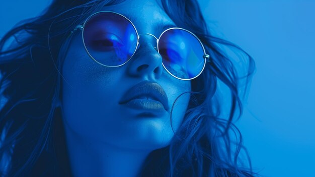 Фото Крупный портрет молодой женщины в синих тонах с круглыми солнцезащитными очками и блестящей кожей