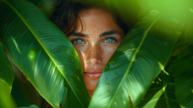 Фото Портрет молодой женщины с яркими голубыми глазами, заглядывающей сквозь зеленые листья