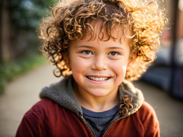 Фото Близкий портрет милого маленького мальчика в детском саду с кудрявой причёской